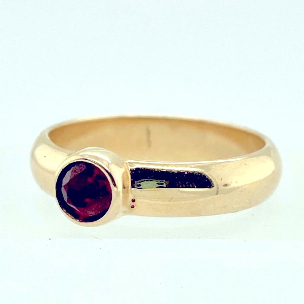 14KT Yellow Gold Straight Band With Bezel Set Red Ruby Ring